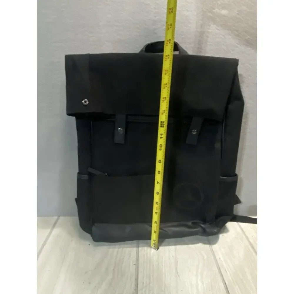 Mercedes Benz Black Canvas Backpack Laptop Bag Leather Bottom Side Drink Pockets